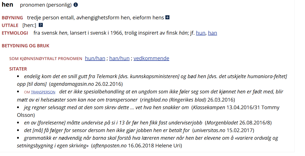 Skjermdump fra Norske Akademis Ordbok om bruken av hen