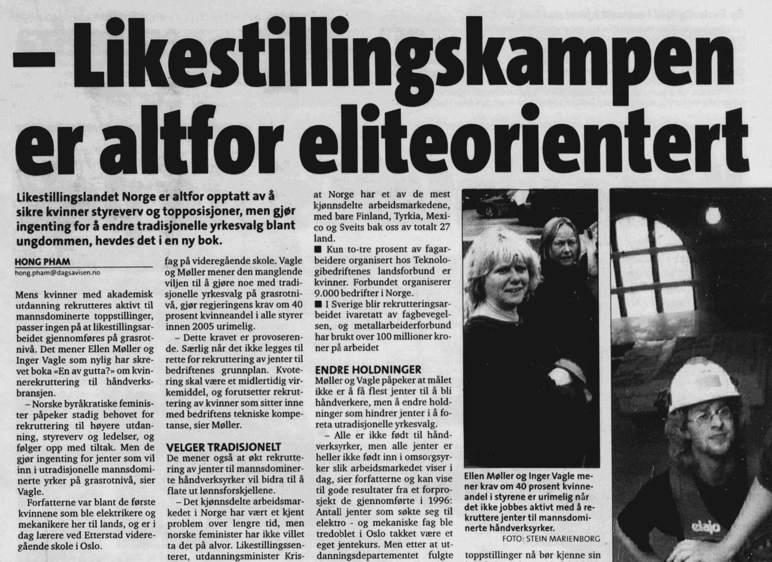 Nyhetsartikkel hvor Vagle kritiserer likestillingspolitikken